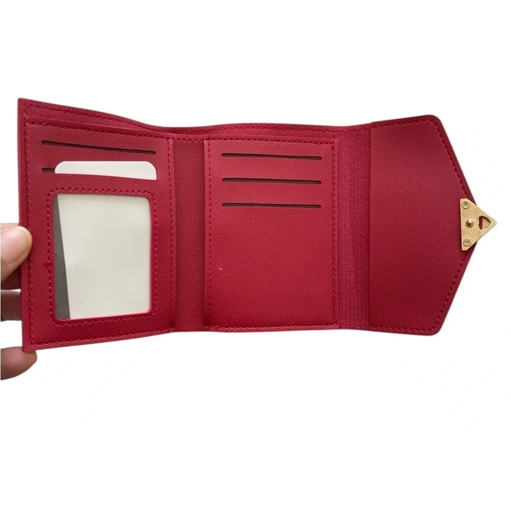 Red Faux Leather Tri-fold Wallet With A Geometric Hold Heart Tone Buckle